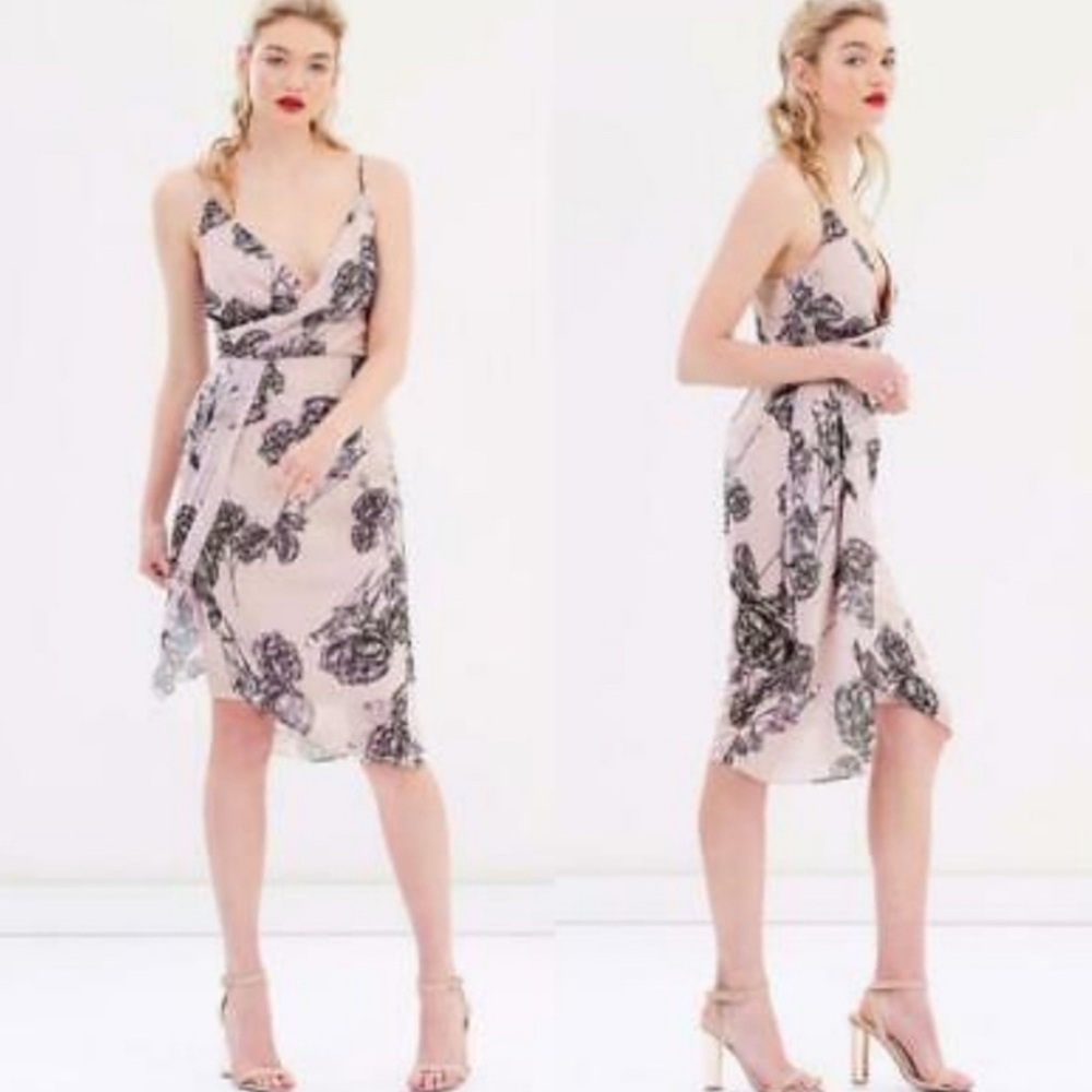 COOPER ST Blush Pink & Black Draped Faux Wrap Midi Surplice Dress Size 6, New